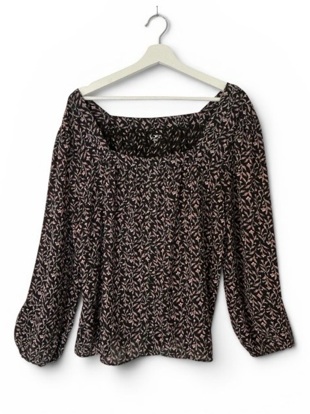 LOFT Black Blush Leaf-Print Peasant Blouse